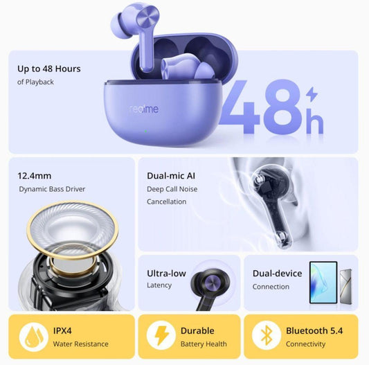 Fones de ouvido Realme Buds T200 Lite Bluetooth 5.4 IPX4 Verua